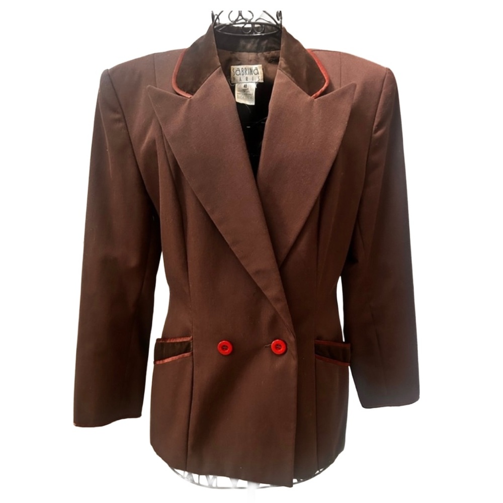 VTG 1970s Brown Blazer Suit Jacket with Velvet and Red Accents.